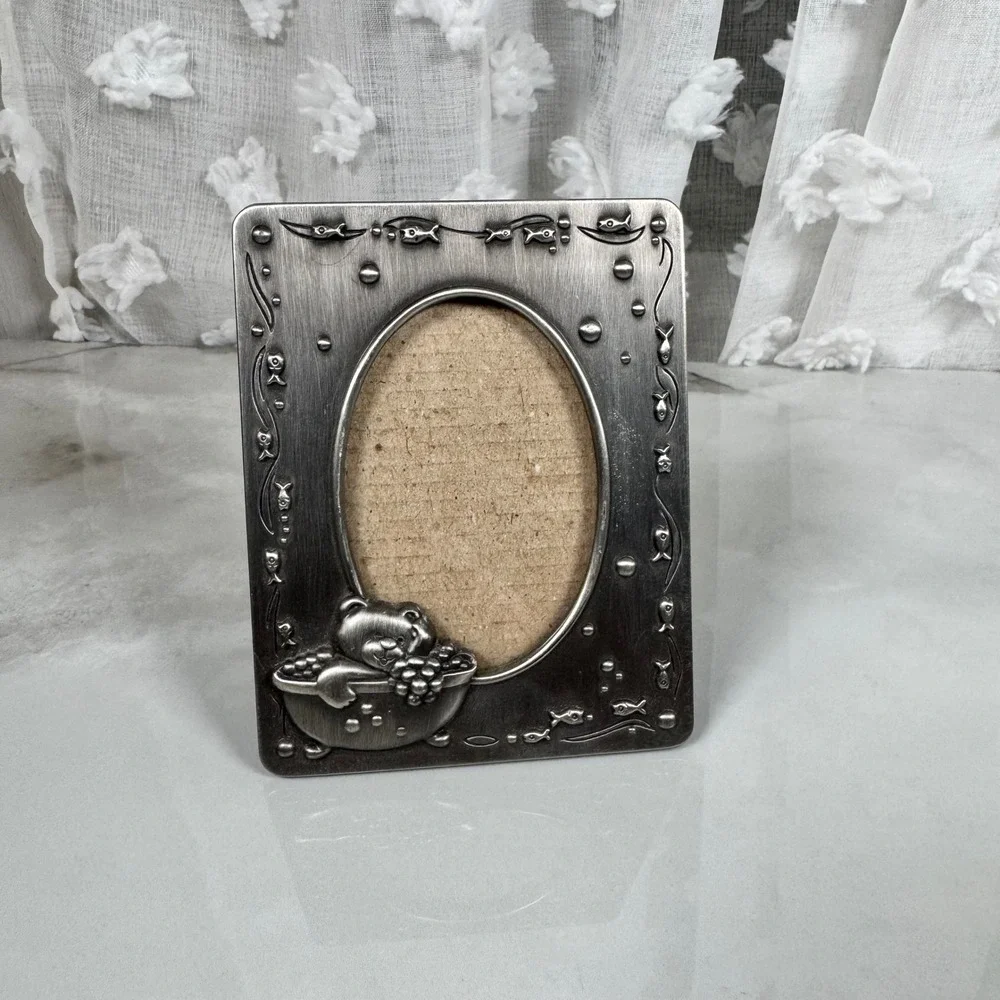 Burnes of Boston Small Pewter Baby Desk Top Photo Picture Frame Bear in‎ Bath